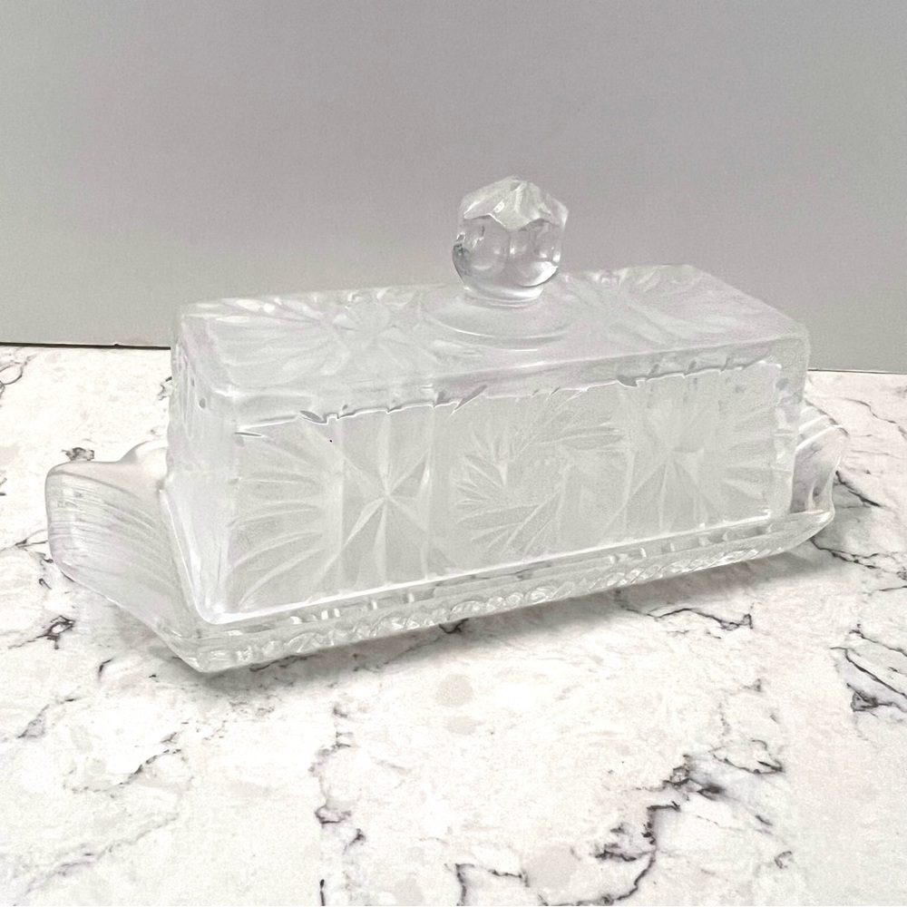 Vintage Frosted Glass Butter Dish Starburst Flower Pattern